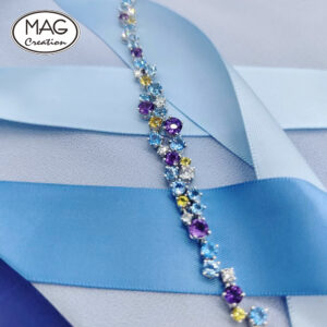 “特色設計” 18K 白金天然彩藍寳天然鑽石手鍊